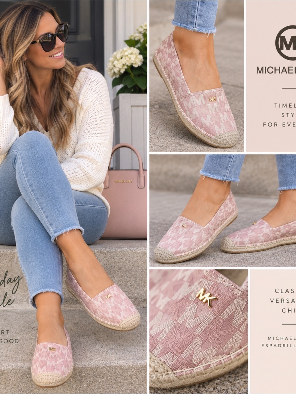 Michael Kors MK Logo Jacquard Espadrille Flats Pink Women’s Size 8